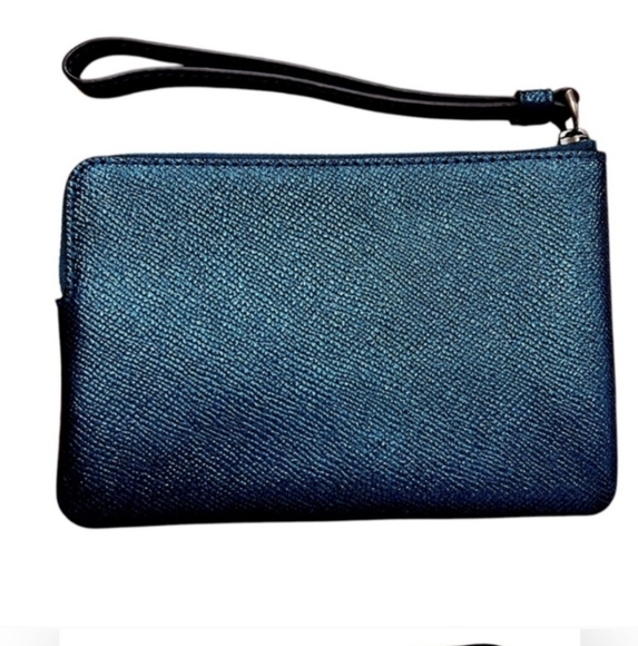SOLD Coach Metallic Teal Glitter Crossgrain Leather Wristlet Peacock Saffiano - Picture 2 of 6